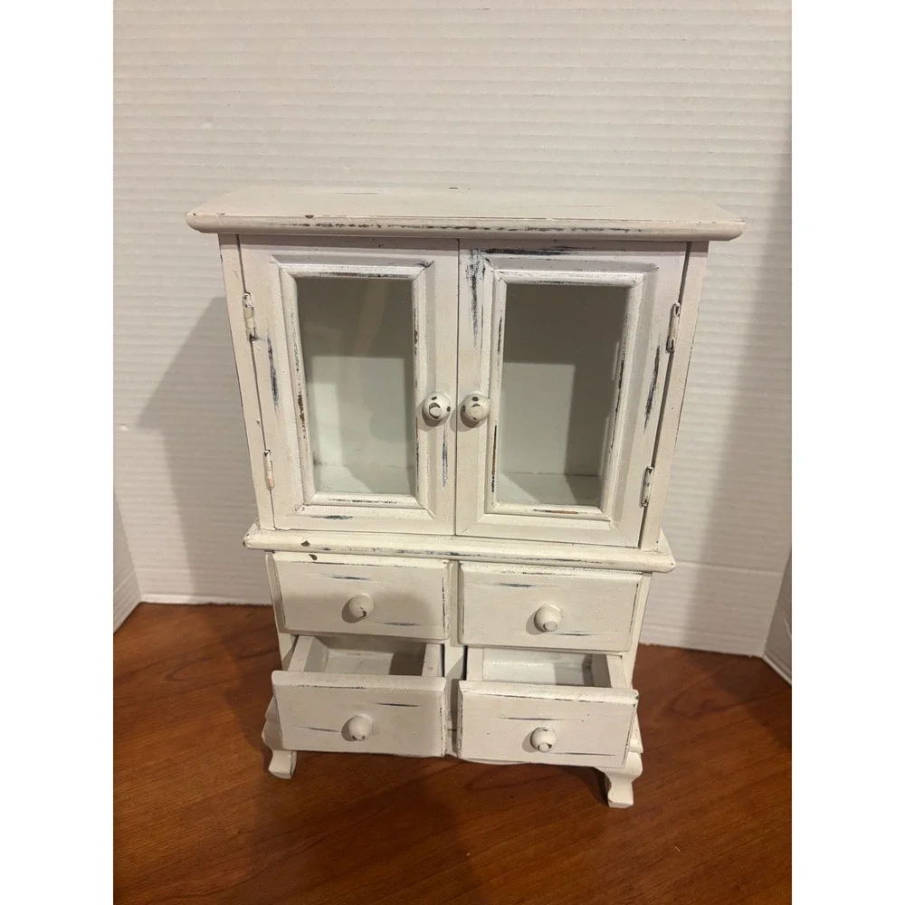 Vintage Shabby Chic Miniature Armoire Jewelry Box White Distressed Wood Cabinet